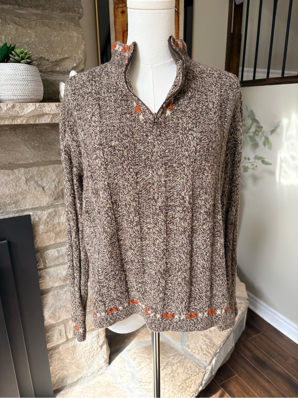 Vintage Woolrich Brown Marled Cable Knit Quarter Zip Sweater Wool Ramie M